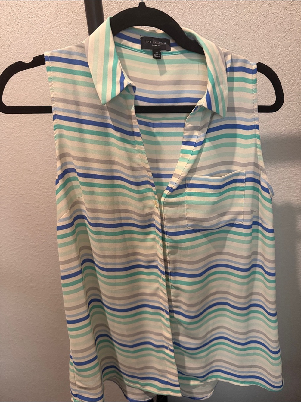 The Limited Striped Sleeveless Button-Front Top in Aqua, Blue & White